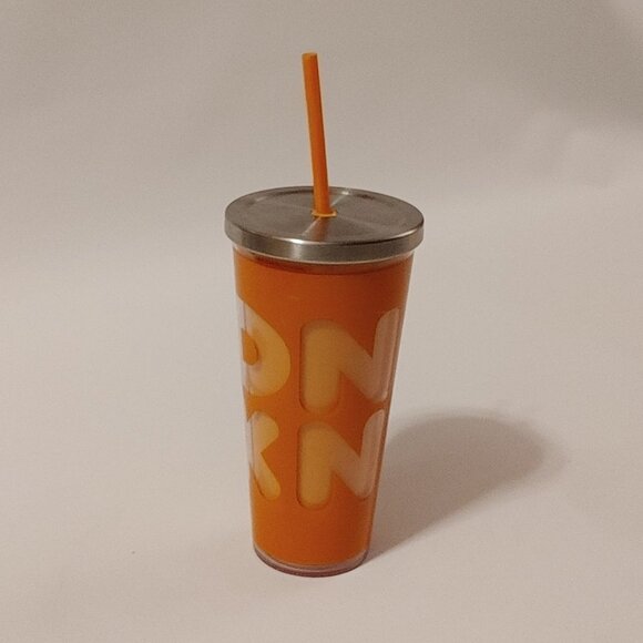 FUN DUNKIN Dunkin Donuts Travel Mug Cold Cup Steel Lid with Straw Orange - Picture 11 of 11